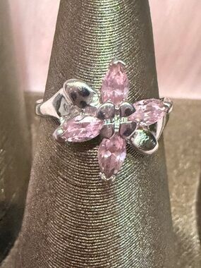 Vintage 925 Sterling Silver Pink Marquise Flower Ring - Size 6.5